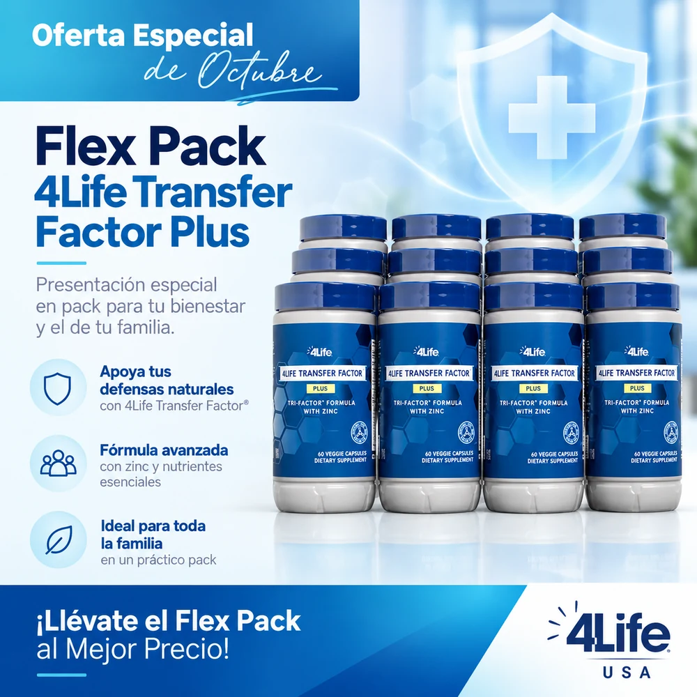 Imagen promocional del Flex Pack 4Life Transfer Factor Plus con Zinc