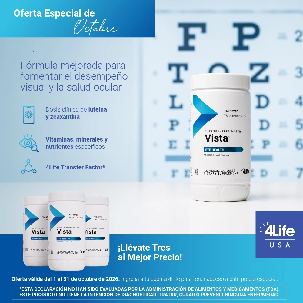 Afiche oficial 4Life: oferta de octubre de 2026, tres envases de Transfer Factor Vista